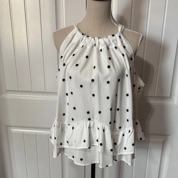 SHEIN White and Black Polka Dot Ruffle Blouse - Picture 1 of 5